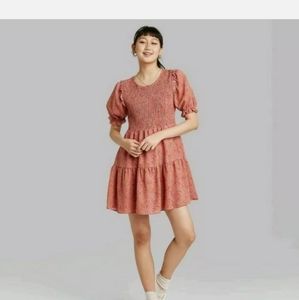 Womens Floral Print Short Sleeve Smocked Dress